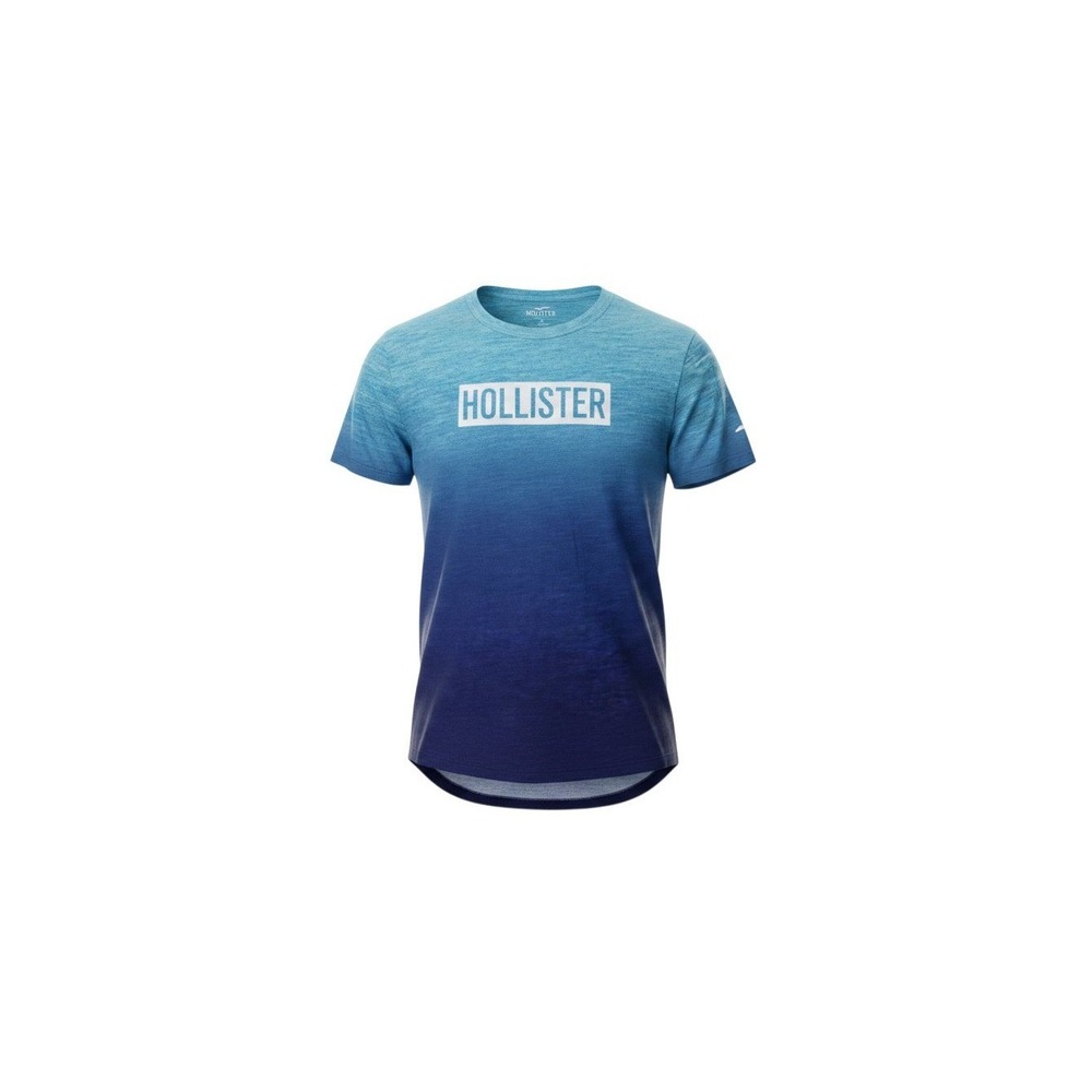 Hollister Graphic T-Shirt Mens Small Blue Ombre Dip Dye Curved Hem